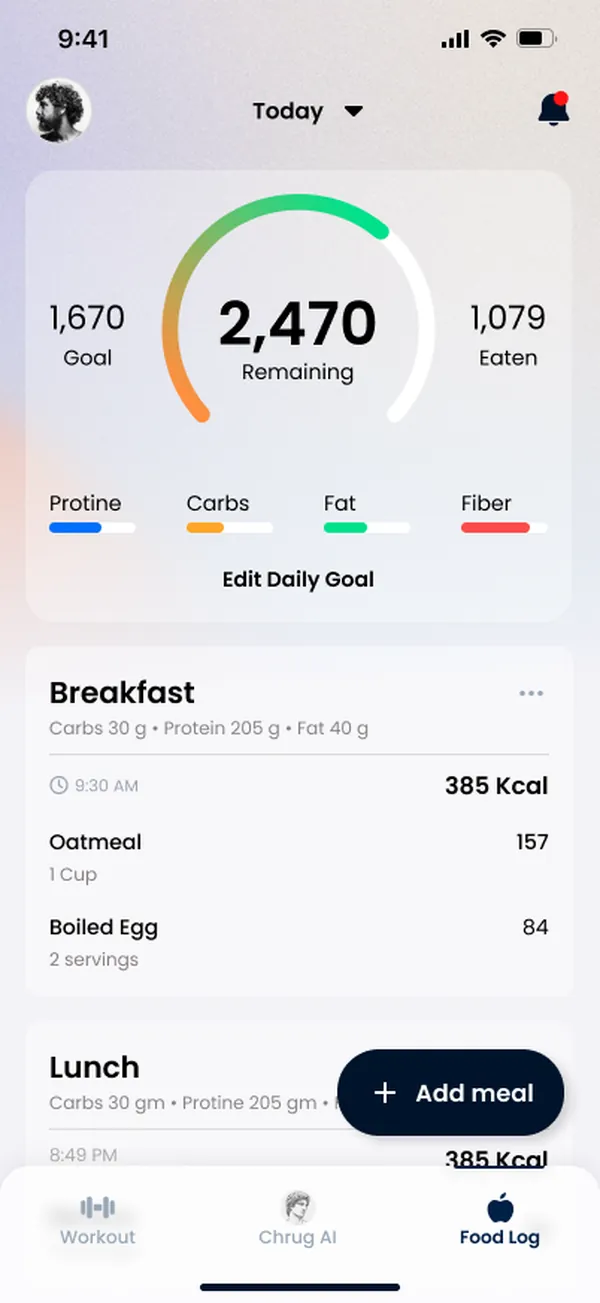 Daily food log with macro targets